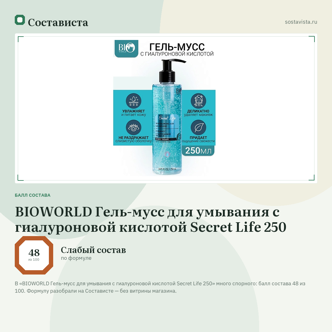 BIOWORLD Гель-мусс для умывания с гиалуроновой кислотой Secret Life 250: балл состава 48 из 100 — Состависта