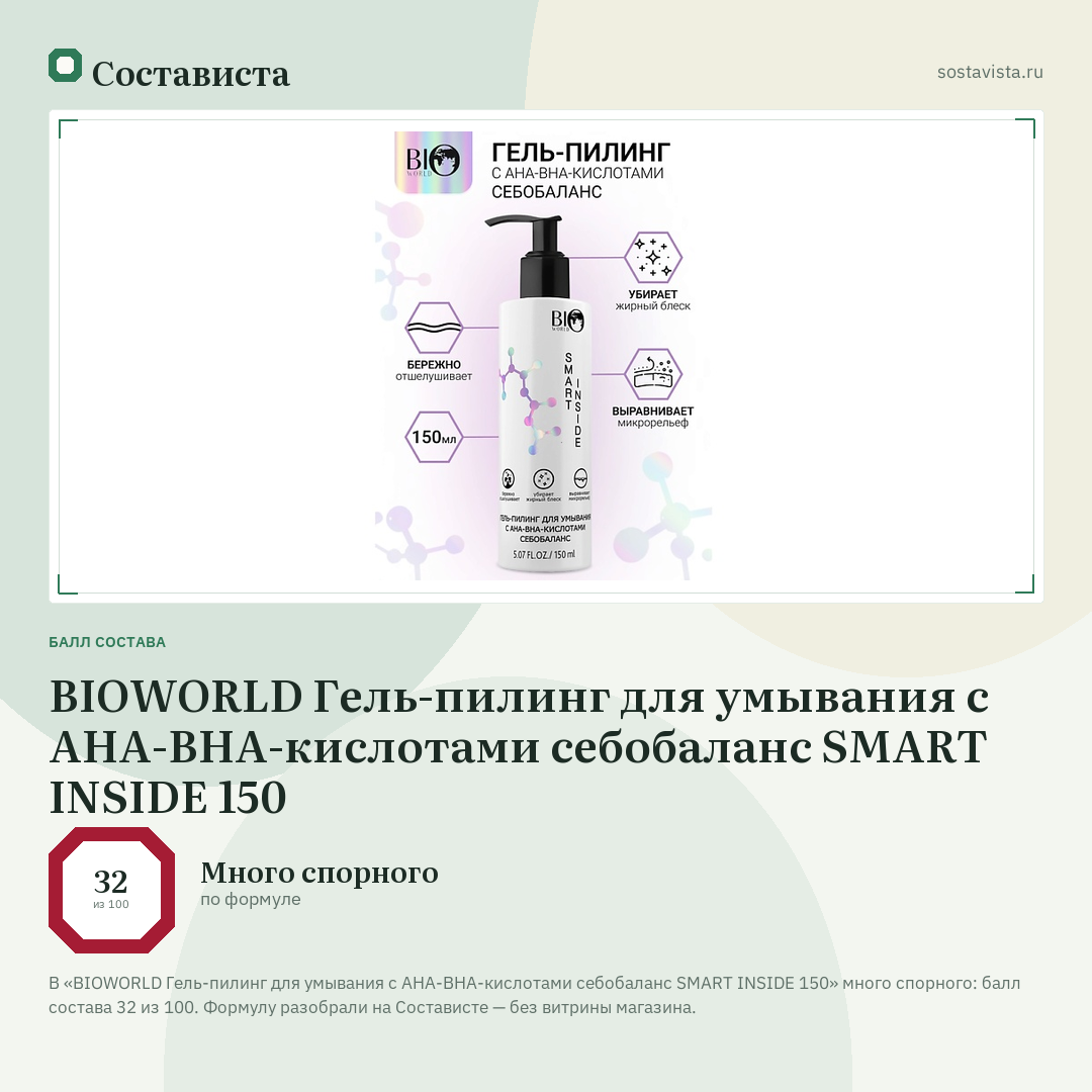 BIOWORLD Гель-пилинг для умывания с АНА-ВНА-кислотами себобаланс SMART INSIDE 150: балл состава 32 из 100 — Состависта