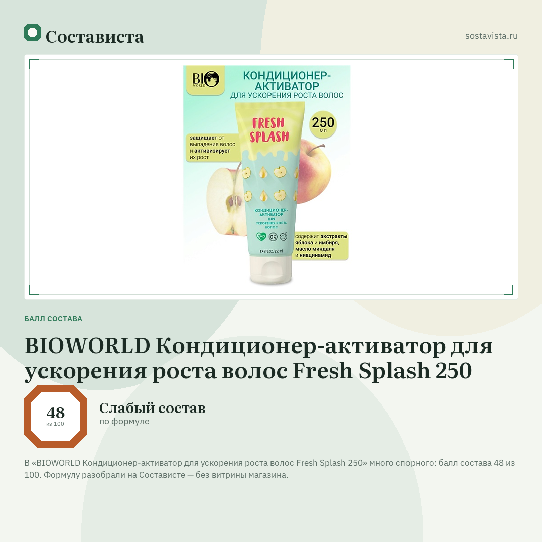 BIOWORLD Кондиционер-активатор для ускорения роста волос Fresh Splash 250: балл состава 48 из 100 — Состависта
