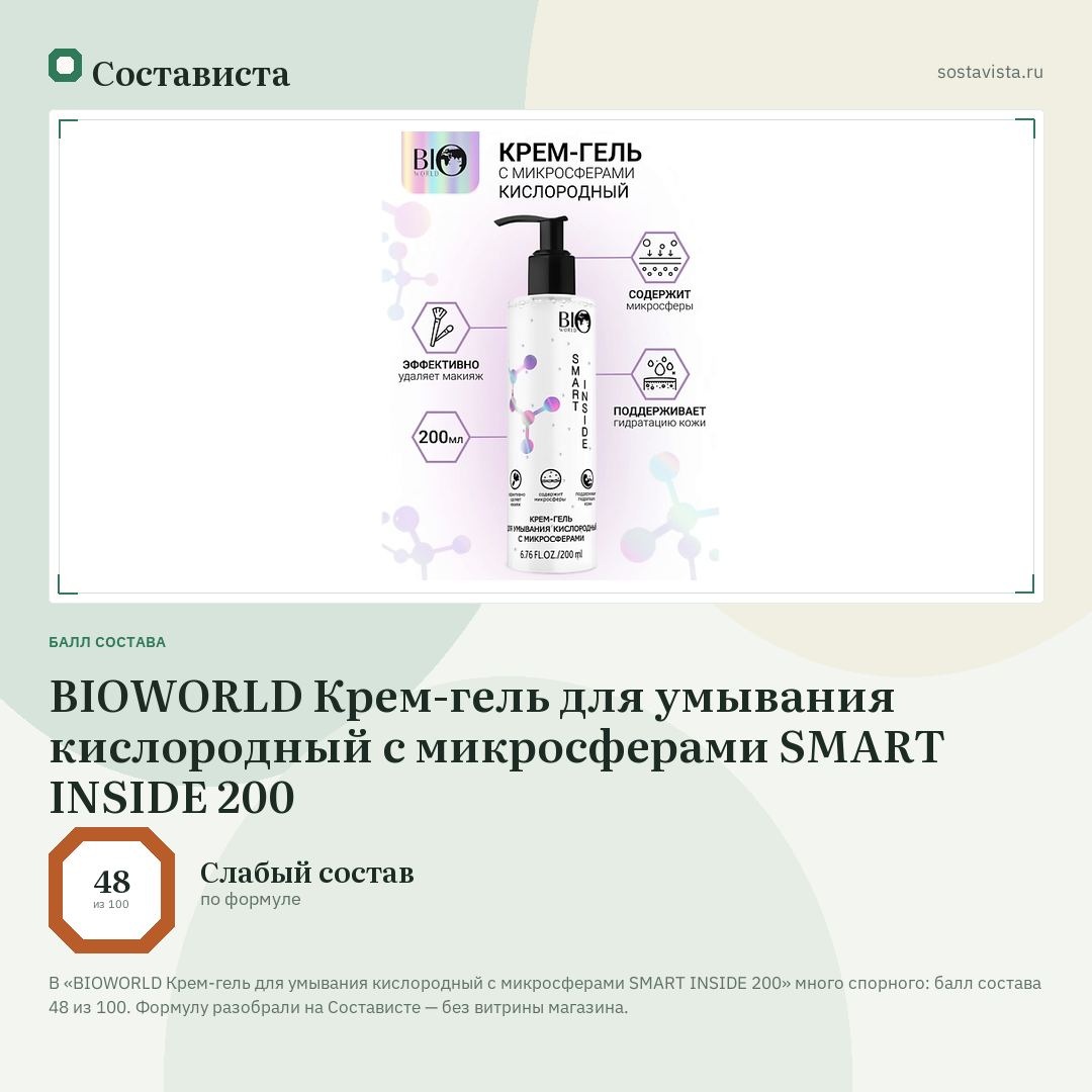 BIOWORLD Крем-гель для умывания кислородный с микросферами SMART INSIDE 200: балл состава 48 из 100 — Состависта