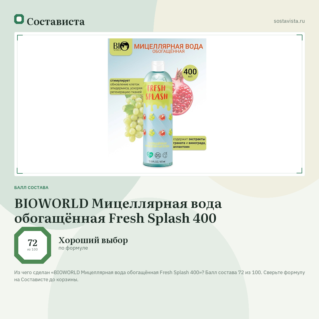 BIOWORLD Мицеллярная вода обогащённая Fresh Splash 400: балл состава 72 из 100 — Состависта