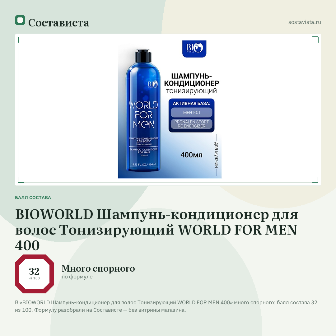 BIOWORLD Шампунь-кондиционер для волос Тонизирующий WORLD FOR MEN 400: балл состава 32 из 100 — Состависта