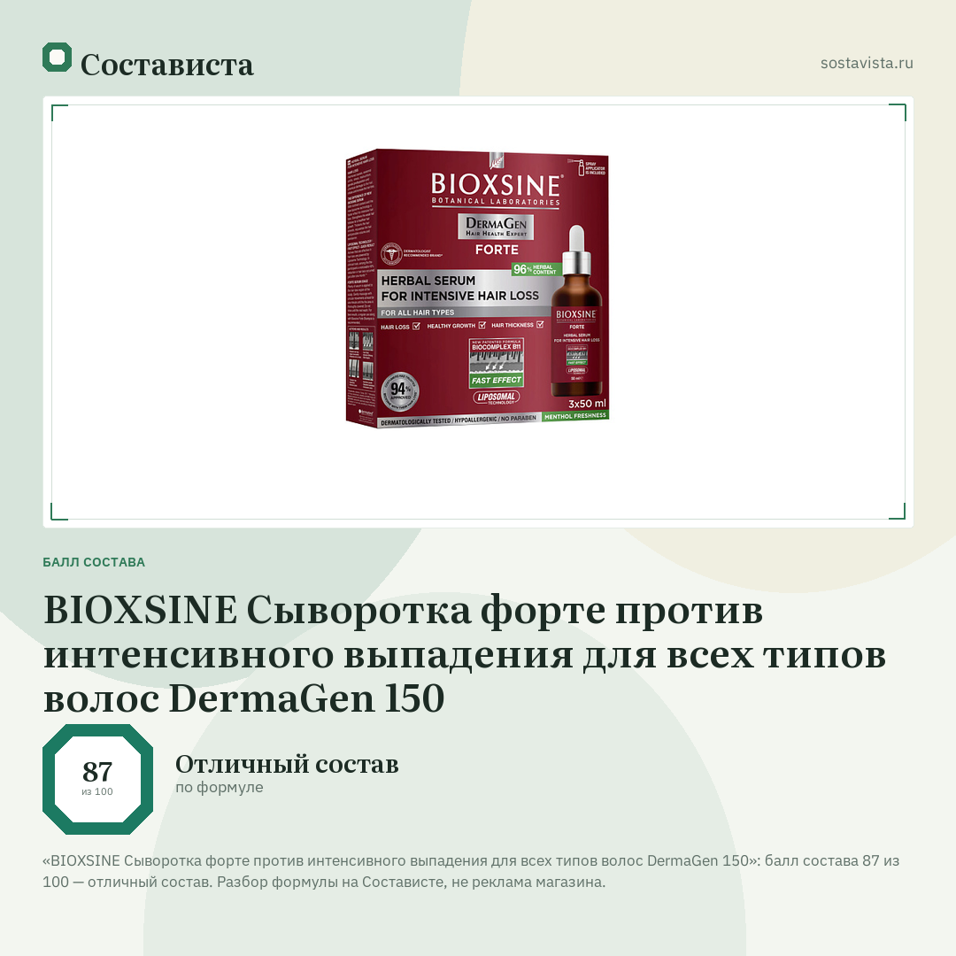 BIOXSINE Сыворотка форте против интенсивного выпадения для всех типов волос DermaGen 150: балл состава 87 из 100 — Состависта
