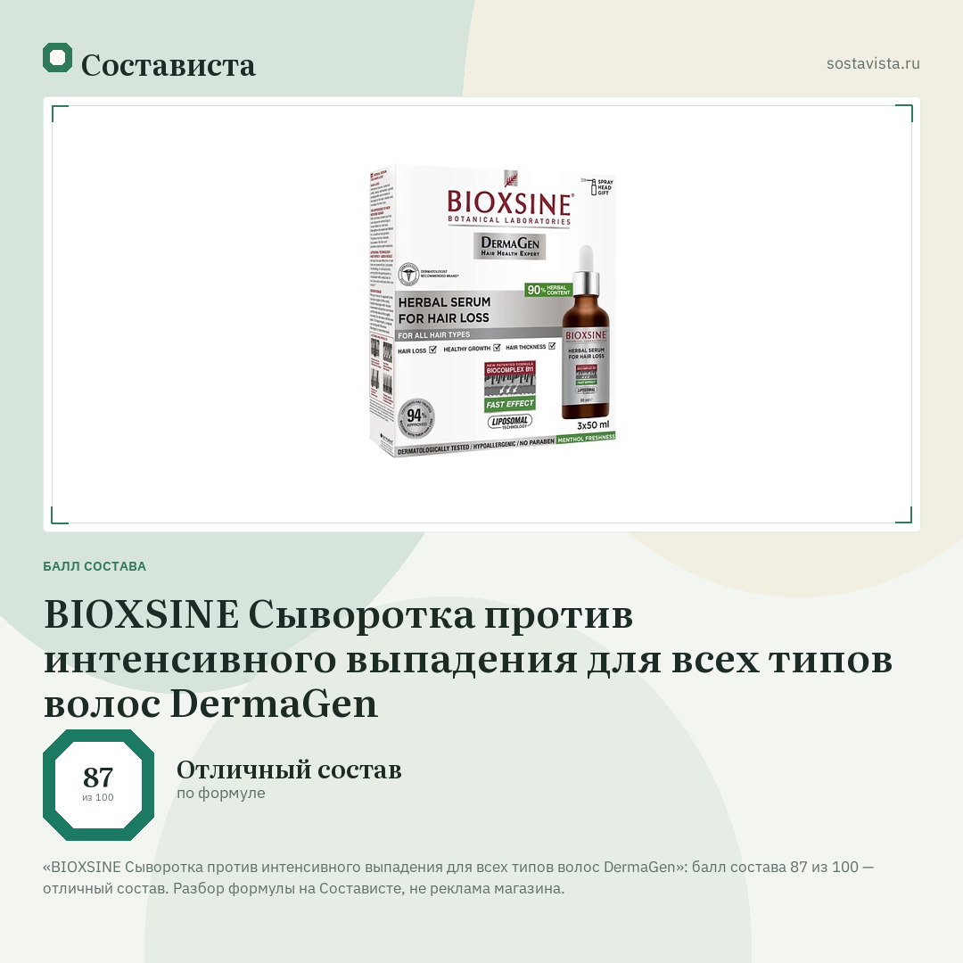 BIOXSINE Сыворотка против интенсивного выпадения для всех типов волос DermaGen: балл состава 87 из 100 — Состависта