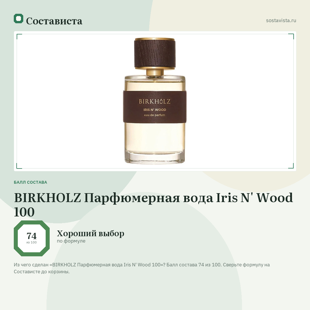 BIRKHOLZ Парфюмерная вода Iris N' Wood 100: балл состава 74 из 100 — Состависта