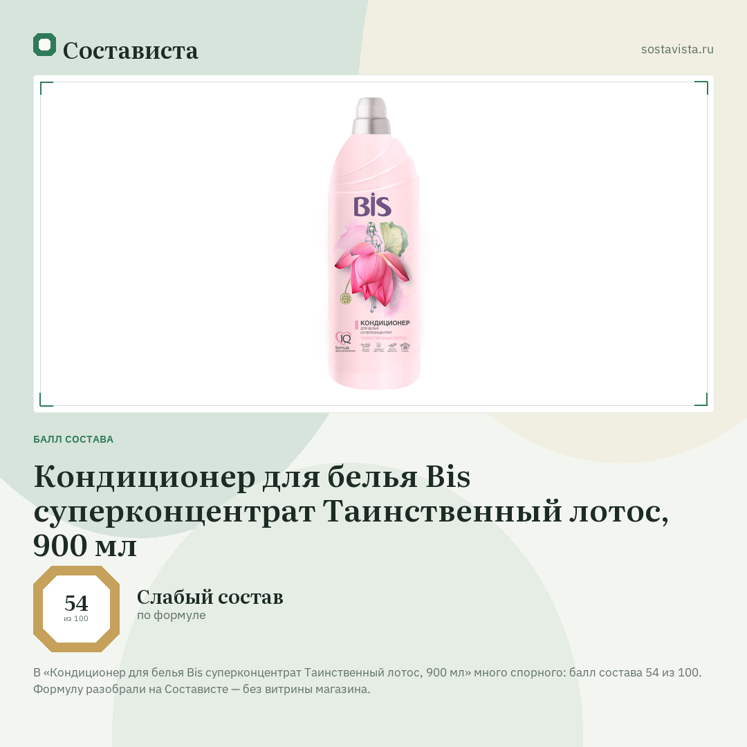 Кондиционер для белья Bis суперконцентрат Таинственный лотос, 900 мл: балл состава 54 из 100 — Состависта