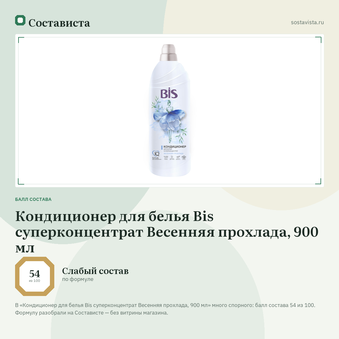Кондиционер для белья Bis суперконцентрат Весенняя прохлада, 900 мл: балл состава 54 из 100 — Состависта