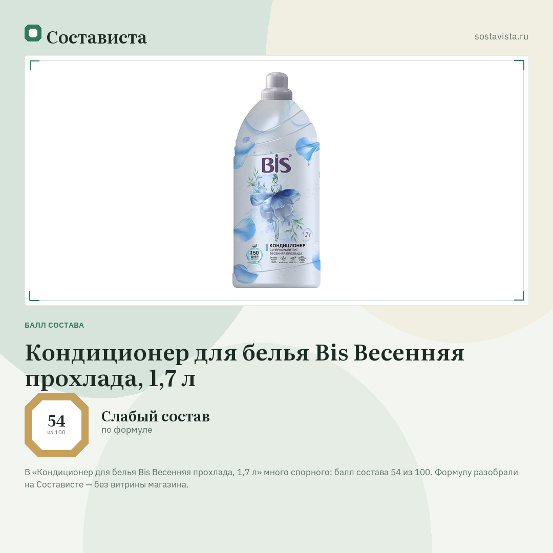 Кондиционер для белья Bis Весенняя прохлада, 1,7 л: балл состава 54 из 100 — Состависта