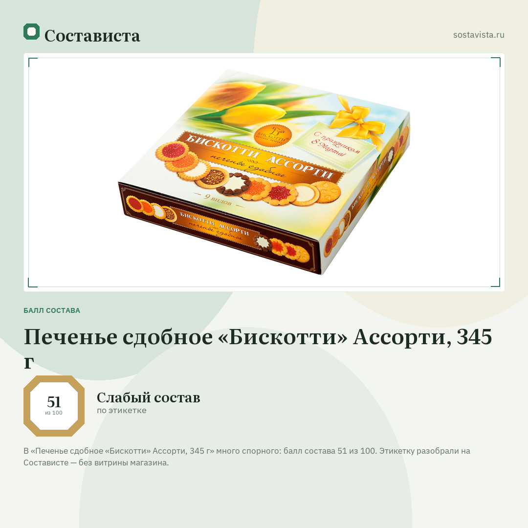 Печенье сдобное «Бискотти» Ассорти, 345 г: балл состава 51 из 100 — Состависта