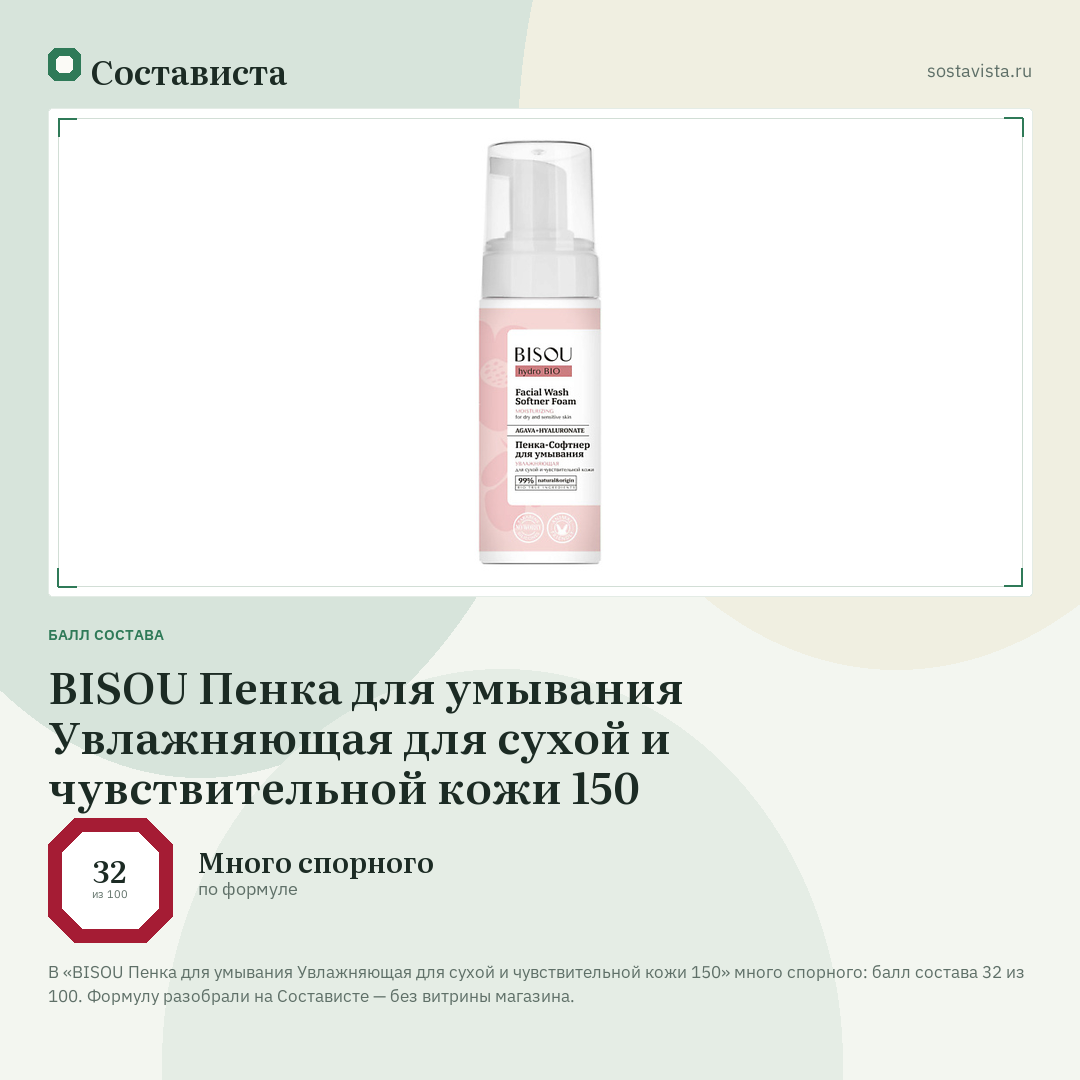 BISOU Пенка для умывания Увлажняющая для сухой и чувствительной кожи 150: балл состава 32 из 100 — Состависта