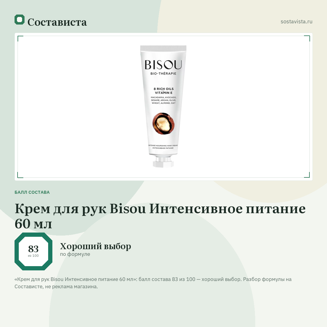 Крем для рук Bisou Интенсивное питание 60 мл: балл состава 83 из 100 — Состависта