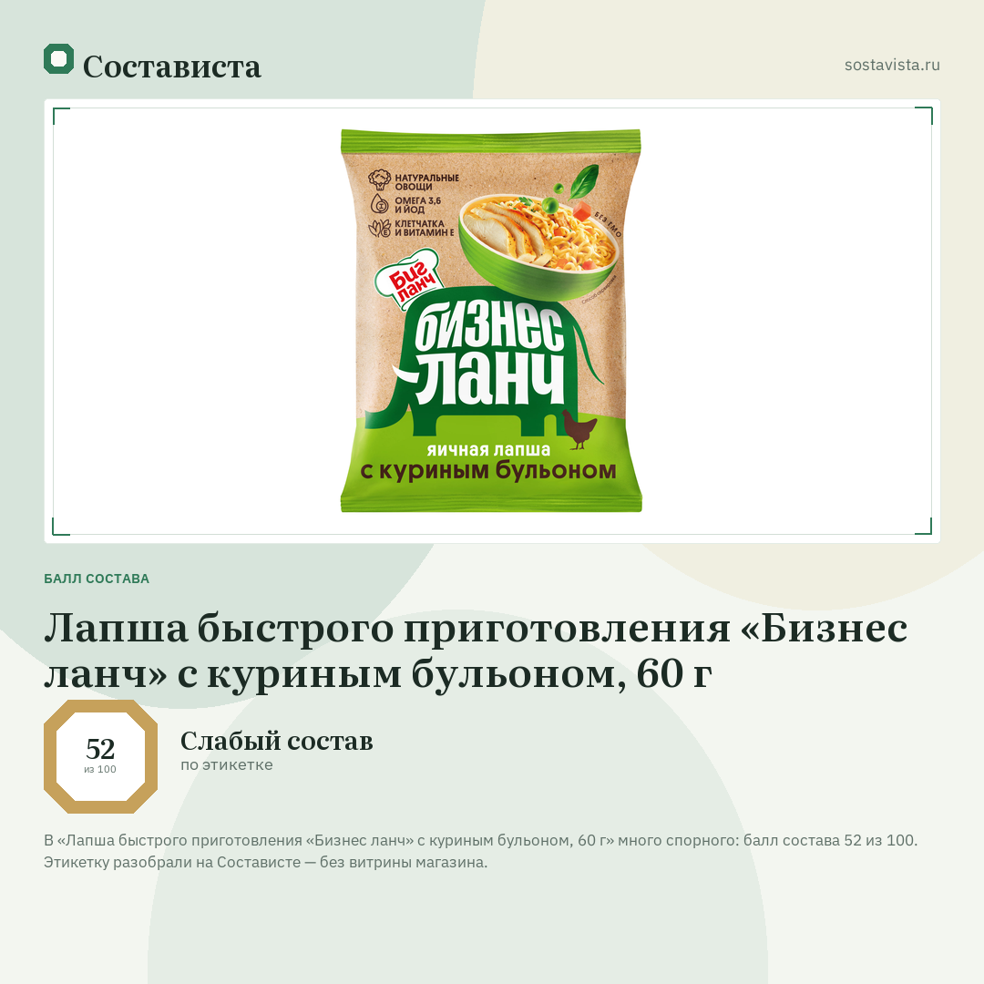 Лапша быстрого приготовления «Бизнес ланч» с куриным бульоном, 60 г: балл состава 52 из 100 — Состависта