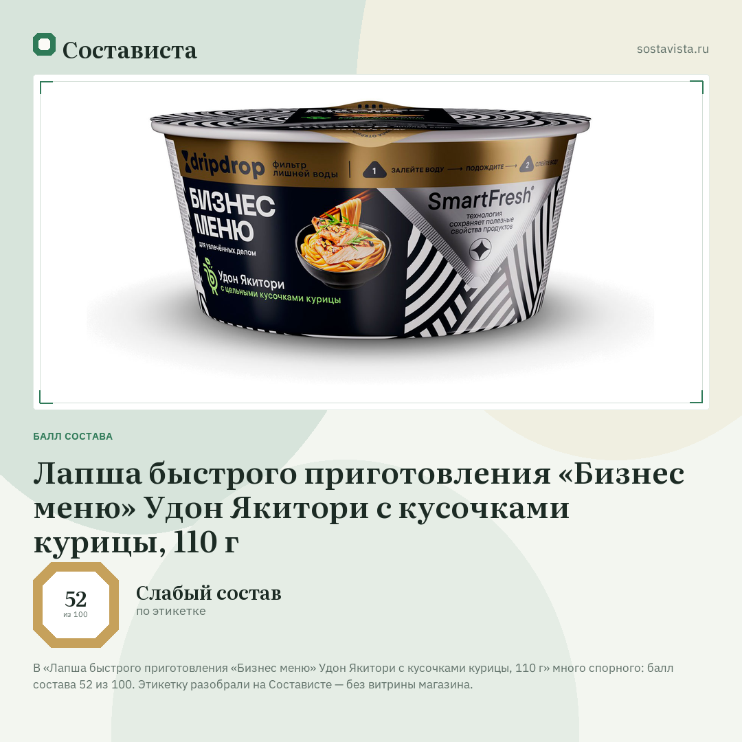 Лапша быстрого приготовления «Бизнес меню» Удон Якитори с кусочками курицы, 110 г: балл состава 52 из 100 — Состависта