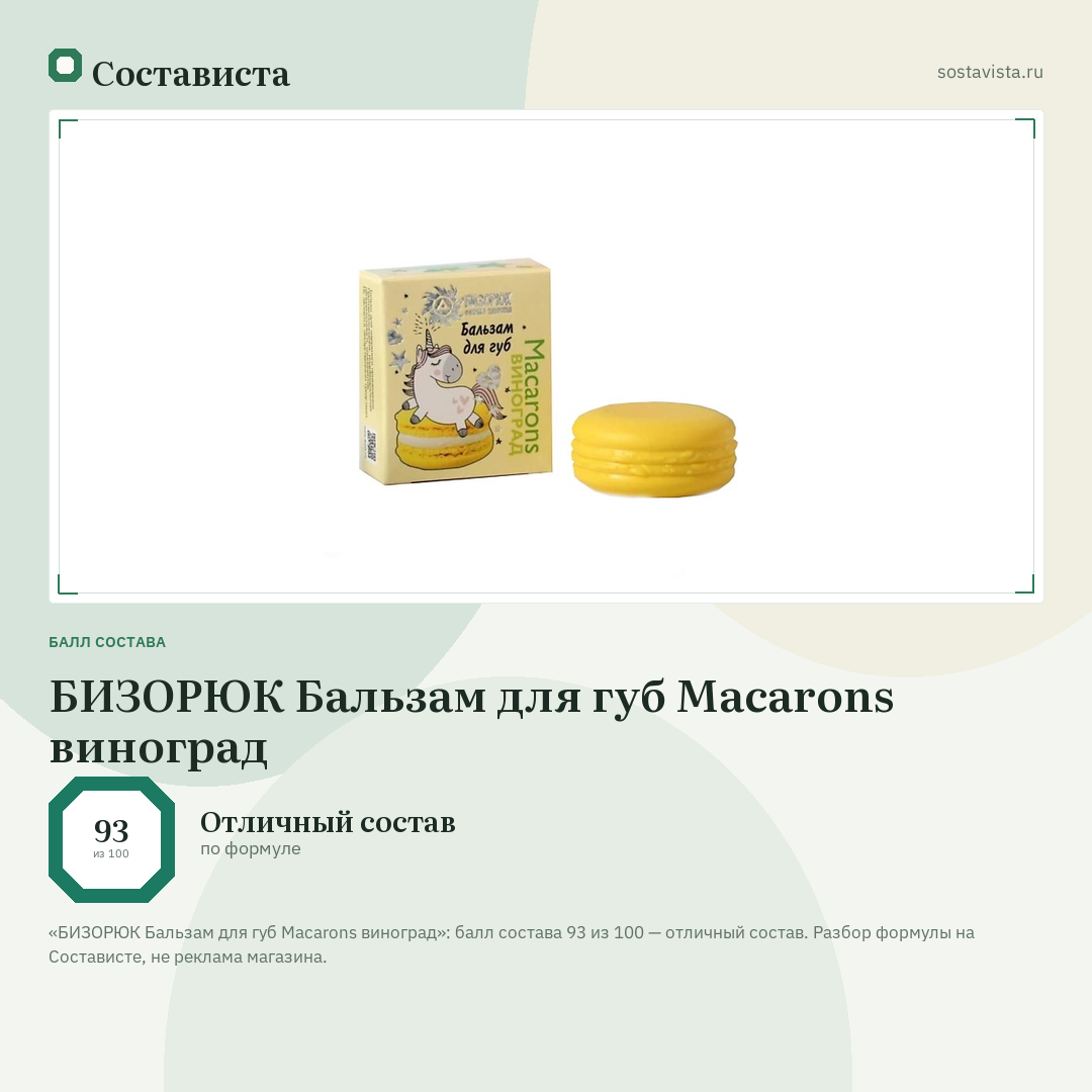 БИЗОРЮК Бальзам для губ Macarons виноград: балл состава 93 из 100 — Состависта
