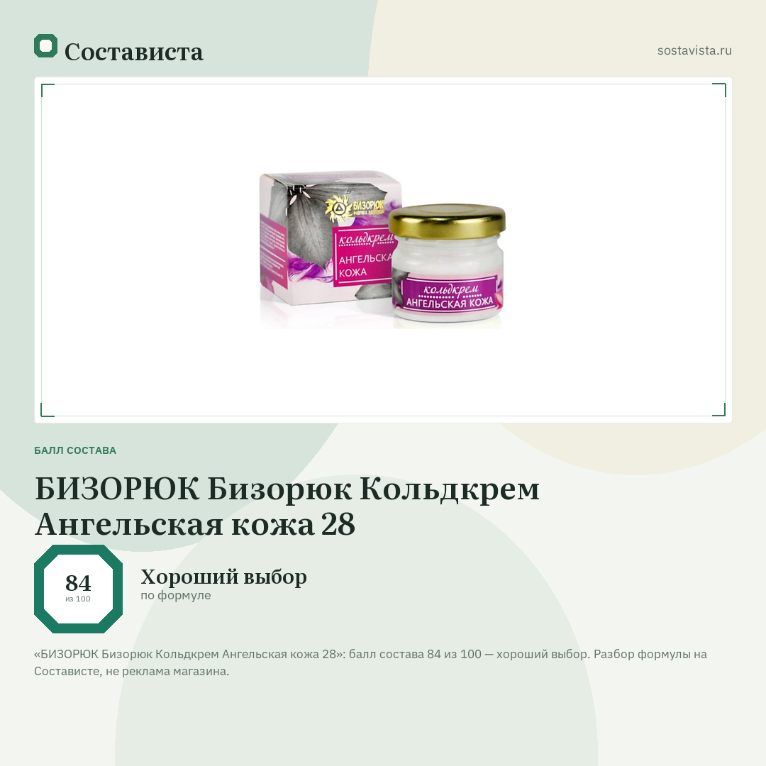 БИЗОРЮК Бизорюк Кольдкрем Ангельская кожа 28: балл состава 84 из 100 — Состависта