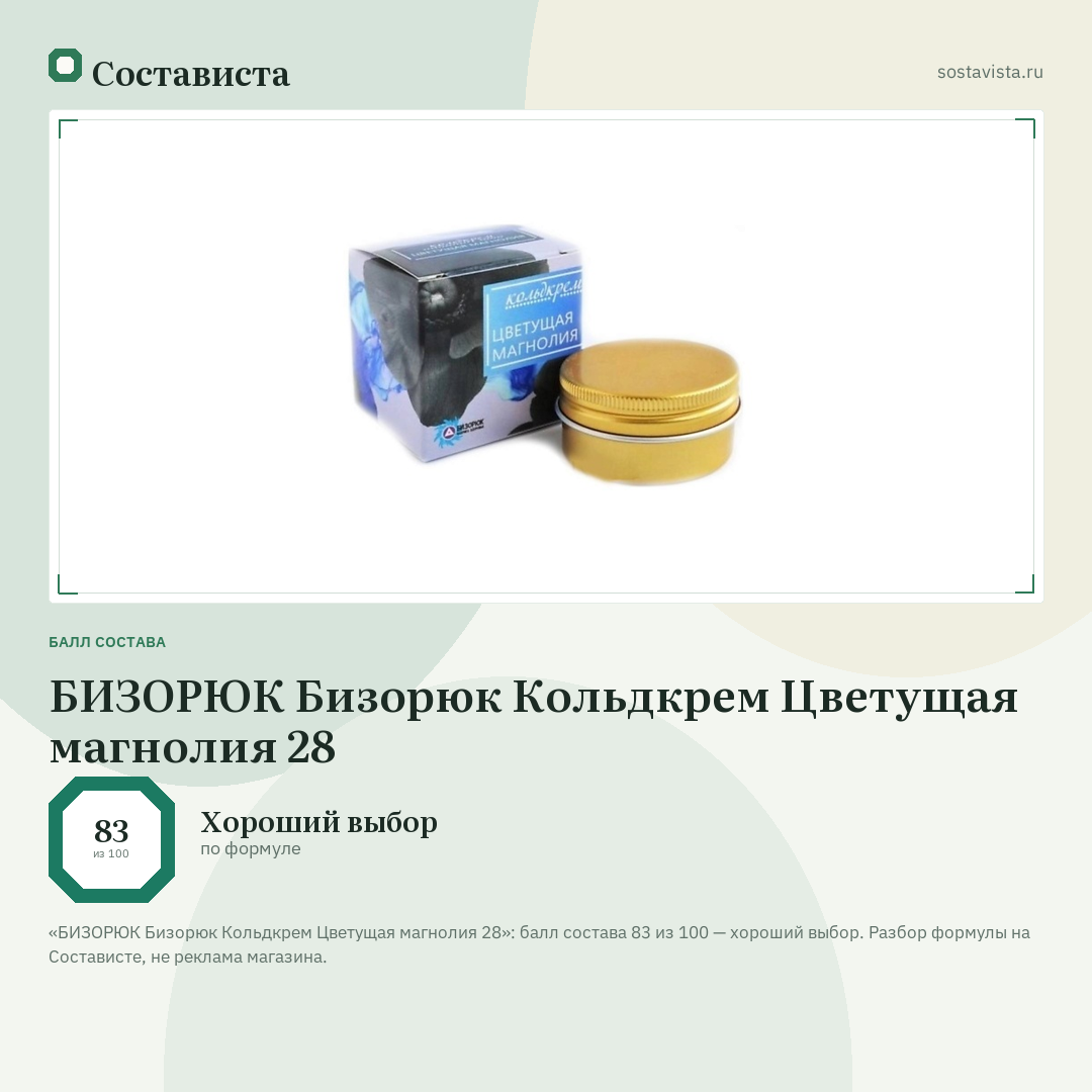 БИЗОРЮК Бизорюк Кольдкрем Цветущая магнолия 28: балл состава 83 из 100 — Состависта