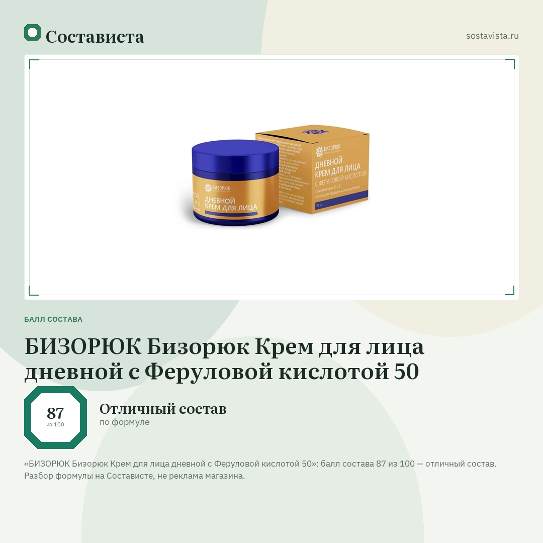 БИЗОРЮК Бизорюк Крем для лица дневной с Феруловой кислотой 50: балл состава 87 из 100 — Состависта