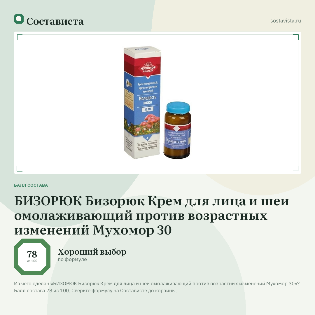 БИЗОРЮК Бизорюк Крем для лица и шеи омолаживающий против возрастных изменений Мухомор 30: балл состава 78 из 100 — Состависта