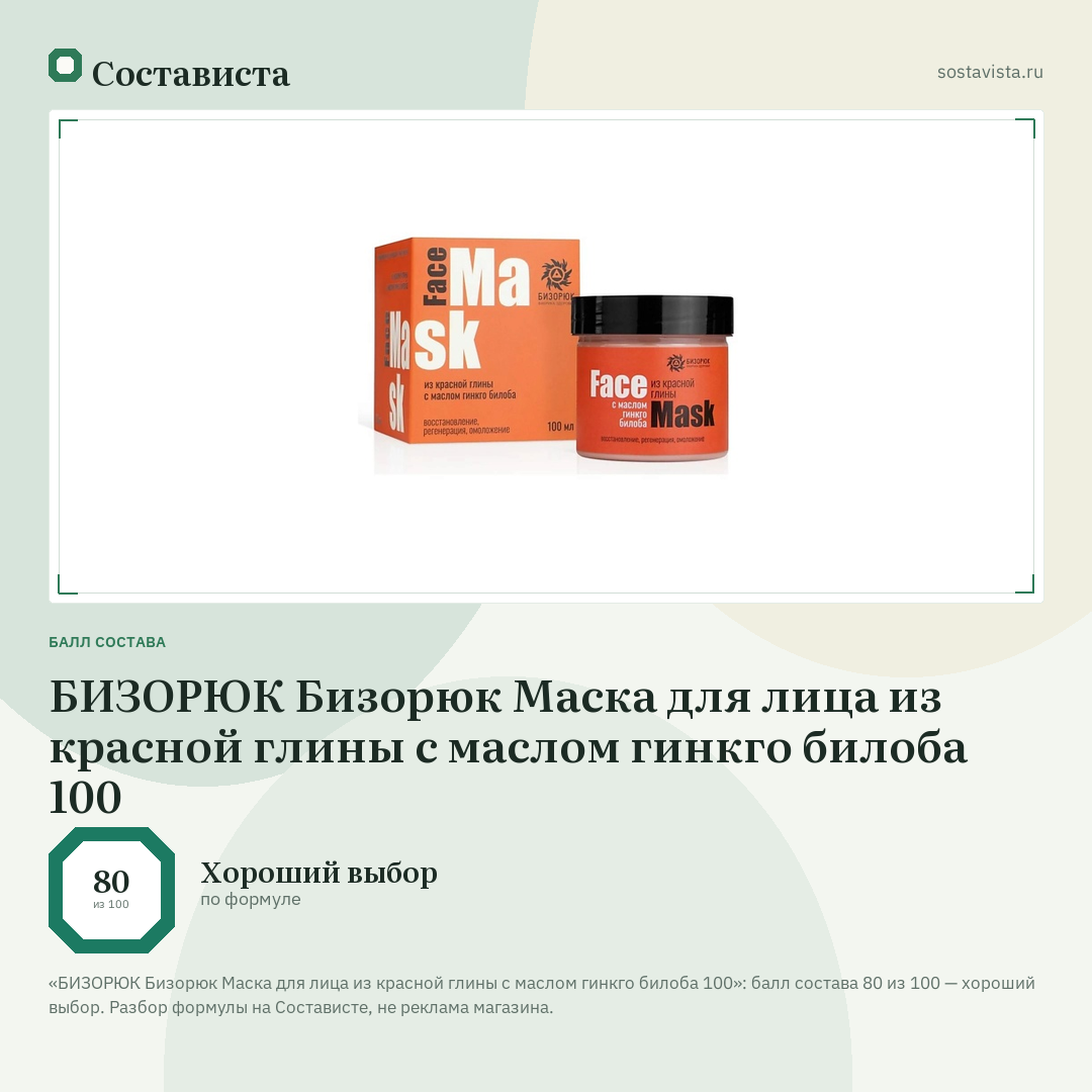 БИЗОРЮК Бизорюк Маска для лица из красной глины с маслом гинкго билоба 100: балл состава 80 из 100 — Состависта