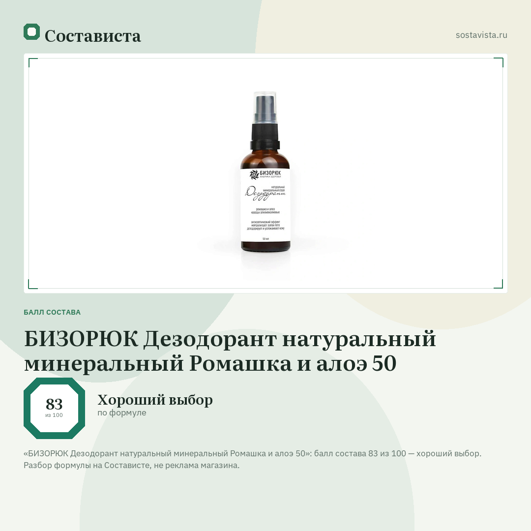 БИЗОРЮК Дезодорант натуральный минеральный Ромашка и алоэ 50: балл состава 83 из 100 — Состависта