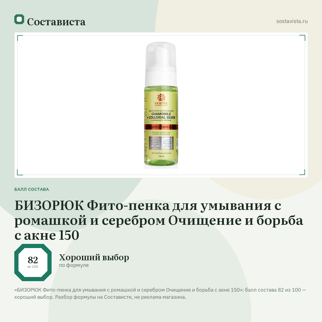 БИЗОРЮК Фито-пенка для умывания с ромашкой и серебром Очищение и борьба с акне 150: балл состава 82 из 100 — Состависта