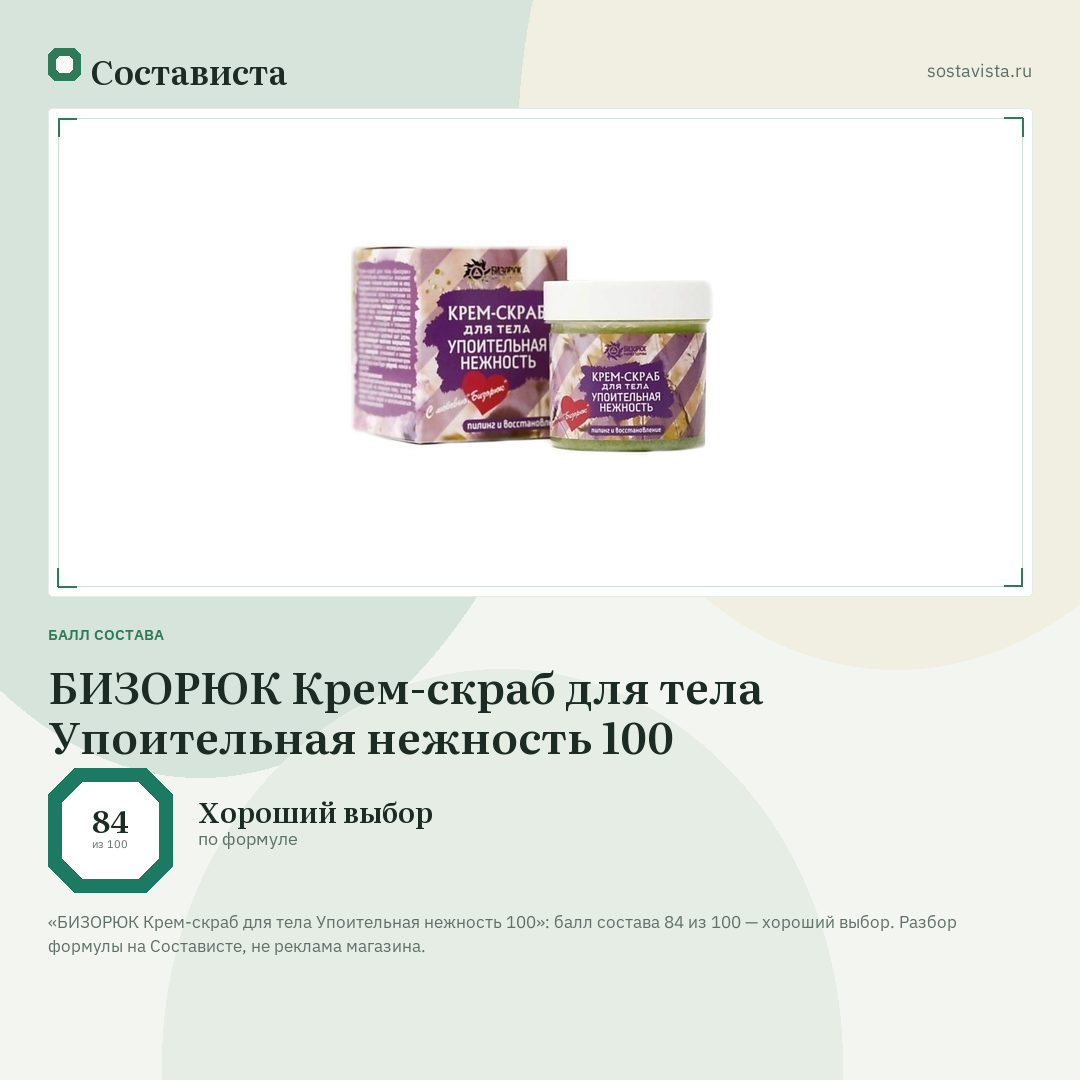 БИЗОРЮК Крем-скраб для тела Упоительная нежность 100: балл состава 84 из 100 — Состависта