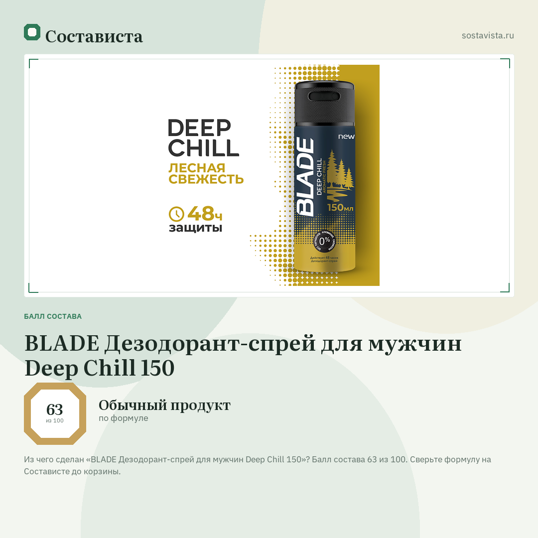 BLADE Дезодорант-спрей для мужчин Deep Chill 150: балл состава 63 из 100 — Состависта