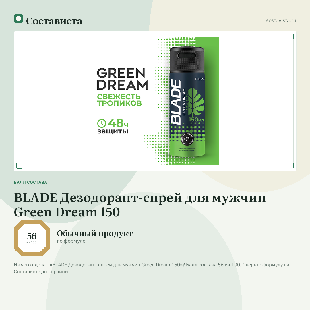 BLADE Дезодорант-спрей для мужчин Green Dream 150: балл состава 56 из 100 — Состависта