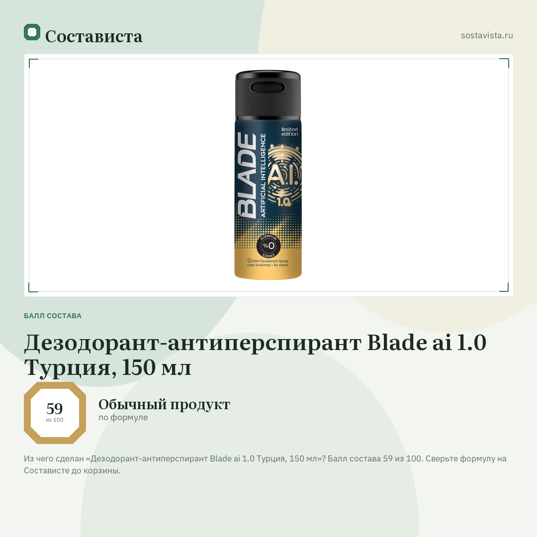 Дезодорант-антиперспирант Blade ai 1.0 Турция, 150 мл: балл состава 59 из 100 — Состависта