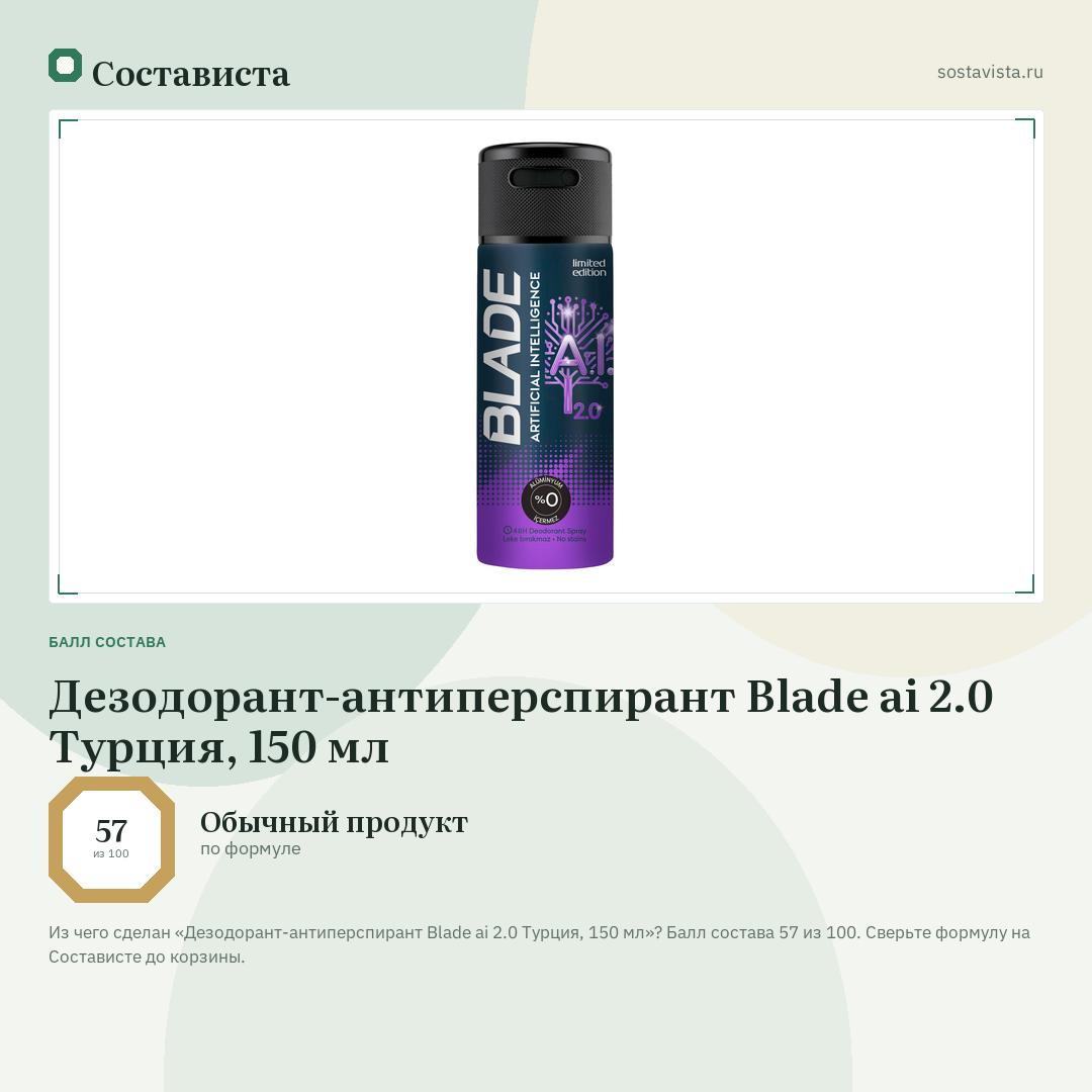 Дезодорант-антиперспирант Blade ai 2.0 Турция, 150 мл: балл состава 57 из 100 — Состависта