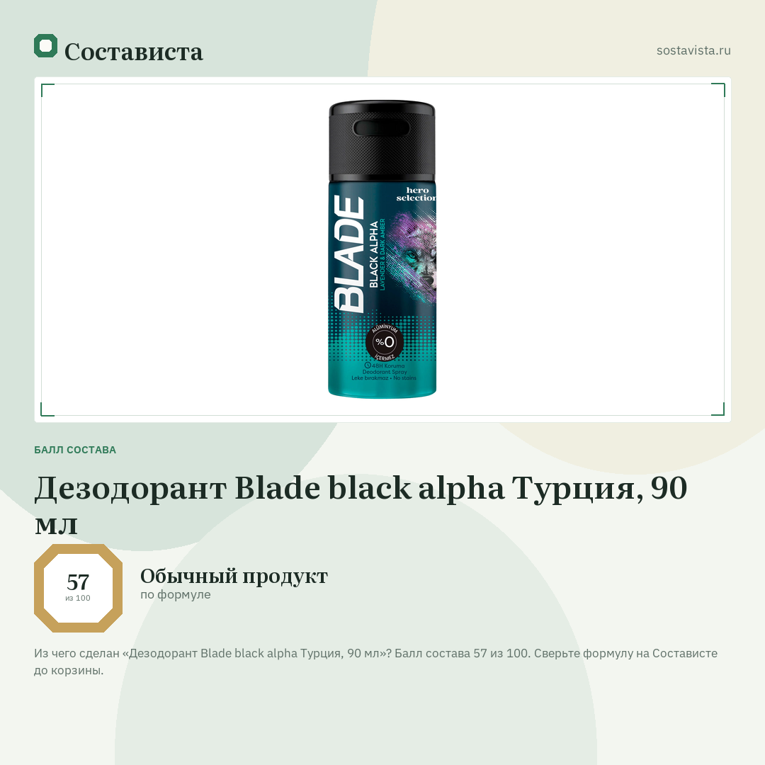 Дезодорант Blade black alpha Турция, 90 мл: балл состава 57 из 100 — Состависта