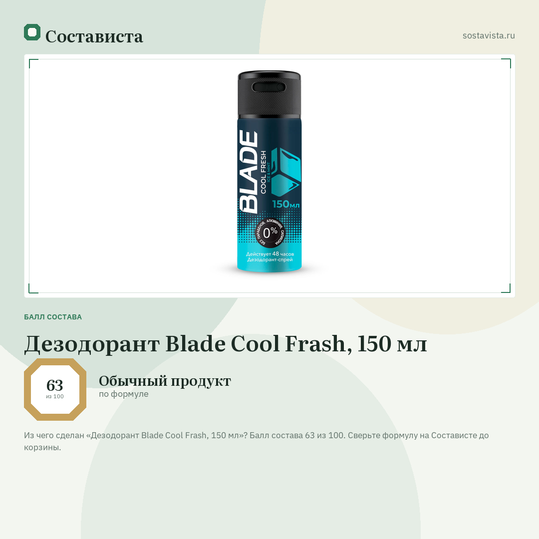 Дезодорант Blade Cool Frash, 150 мл: балл состава 63 из 100 — Состависта