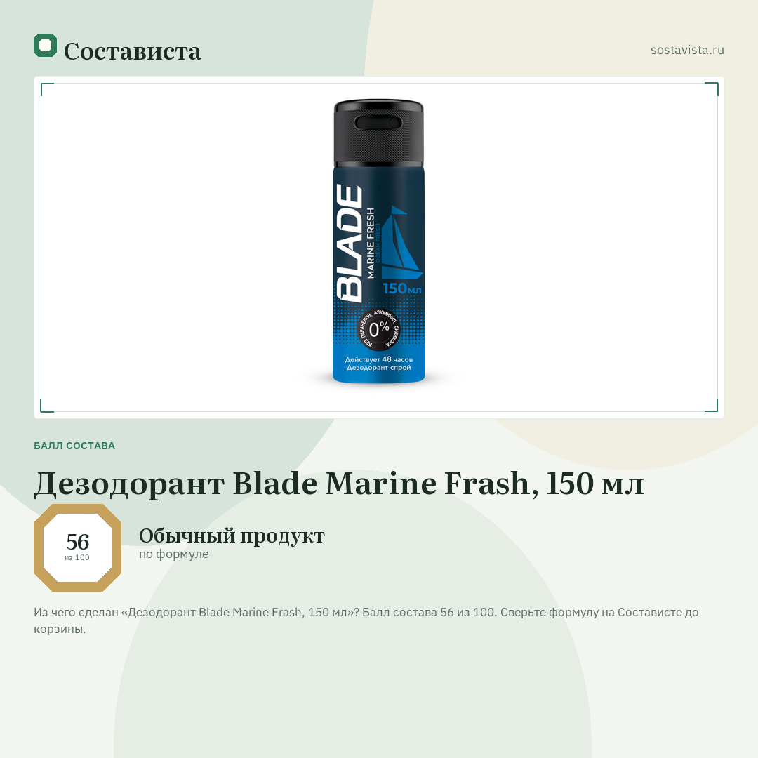 Дезодорант Blade Marine Frash, 150 мл: балл состава 56 из 100 — Состависта