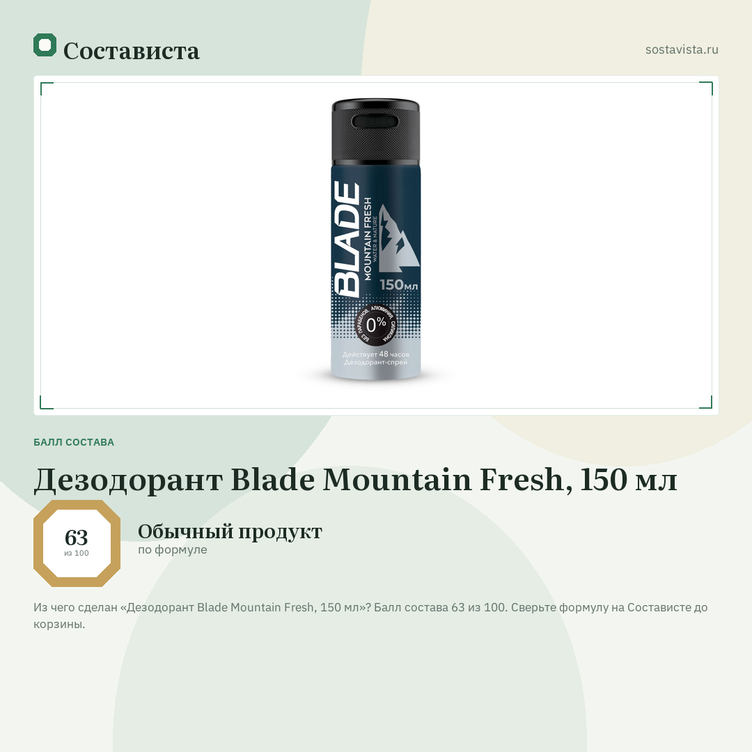 Дезодорант Blade Mountain Fresh, 150 мл: балл состава 63 из 100 — Состависта