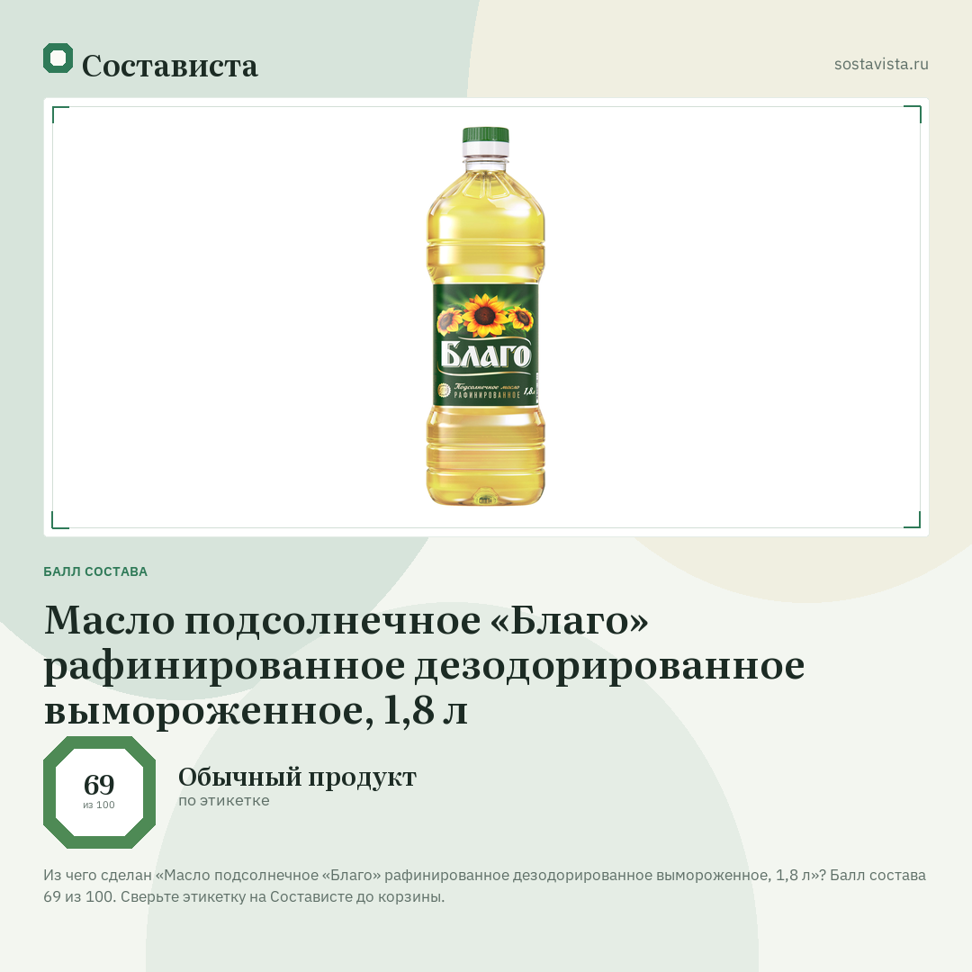 Масло подсолнечное «Благо» рафинированное дезодорированное вымороженное, 1,8 л: балл состава 69 из 100 — Состависта