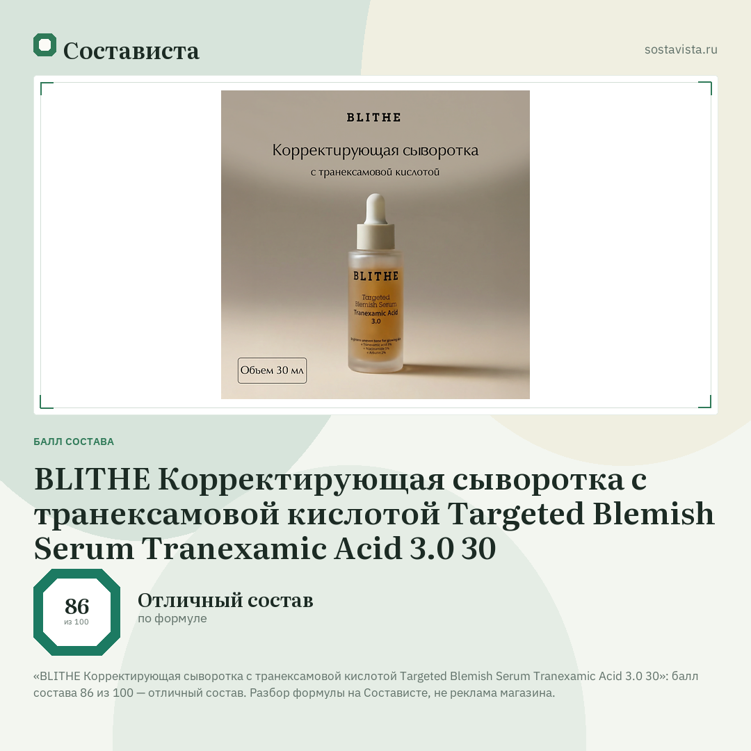 BLITHE Корректирующая сыворотка с транексамовой кислотой Targeted Blemish Serum Tranexamic Acid 3.0 30: балл состава 86 из 100 — Состависта