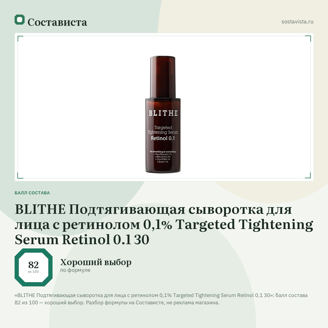 BLITHE Подтягивающая сыворотка для лица с ретинолом 0,1% Targeted Tightening Serum Retinol 0.1 30: балл состава 82 из 100 — Состависта