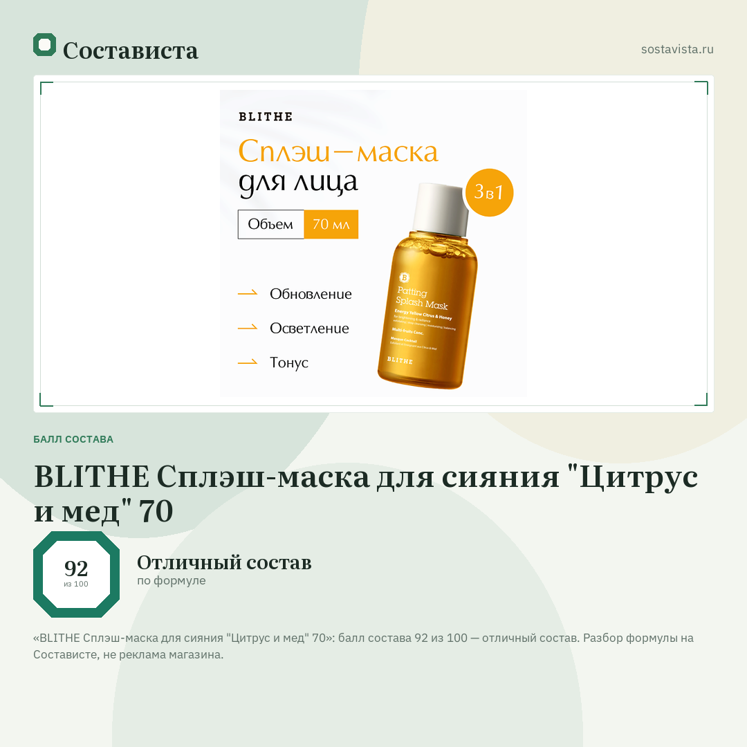 BLITHE Сплэш-маска для сияния "Цитрус и мед" 70: балл состава 92 из 100 — Состависта