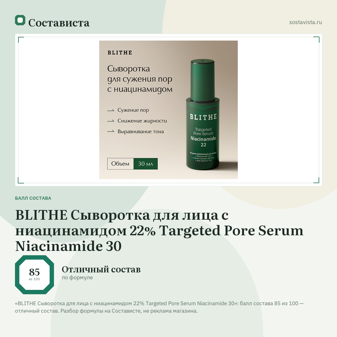 BLITHE Сыворотка для лица с ниацинамидом 22% Targeted Pore Serum Niacinamide 30: балл состава 85 из 100 — Состависта