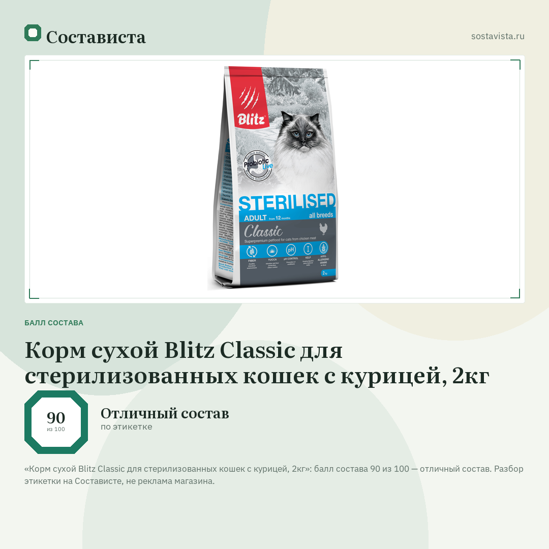 Корм сухой Blitz Classic для стерилизованных кошек с курицей, 2кг: балл состава 90 из 100 — Состависта