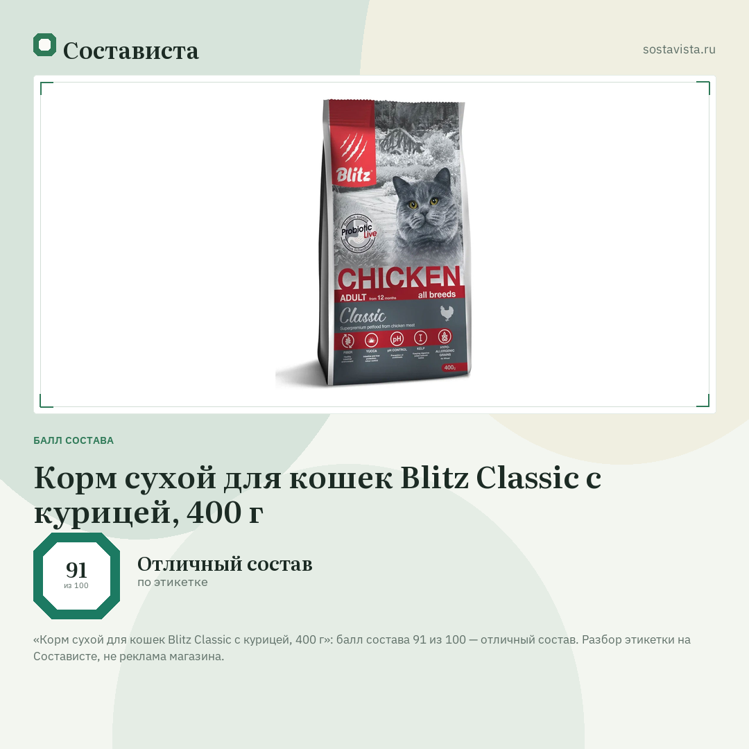Корм сухой для кошек Blitz Classic с курицей, 400 г: балл состава 91 из 100 — Состависта