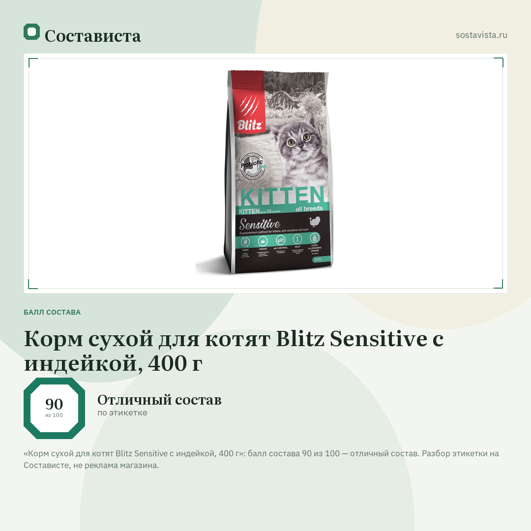 Корм сухой для котят Blitz Sensitive с индейкой, 400 г: балл состава 90 из 100 — Состависта