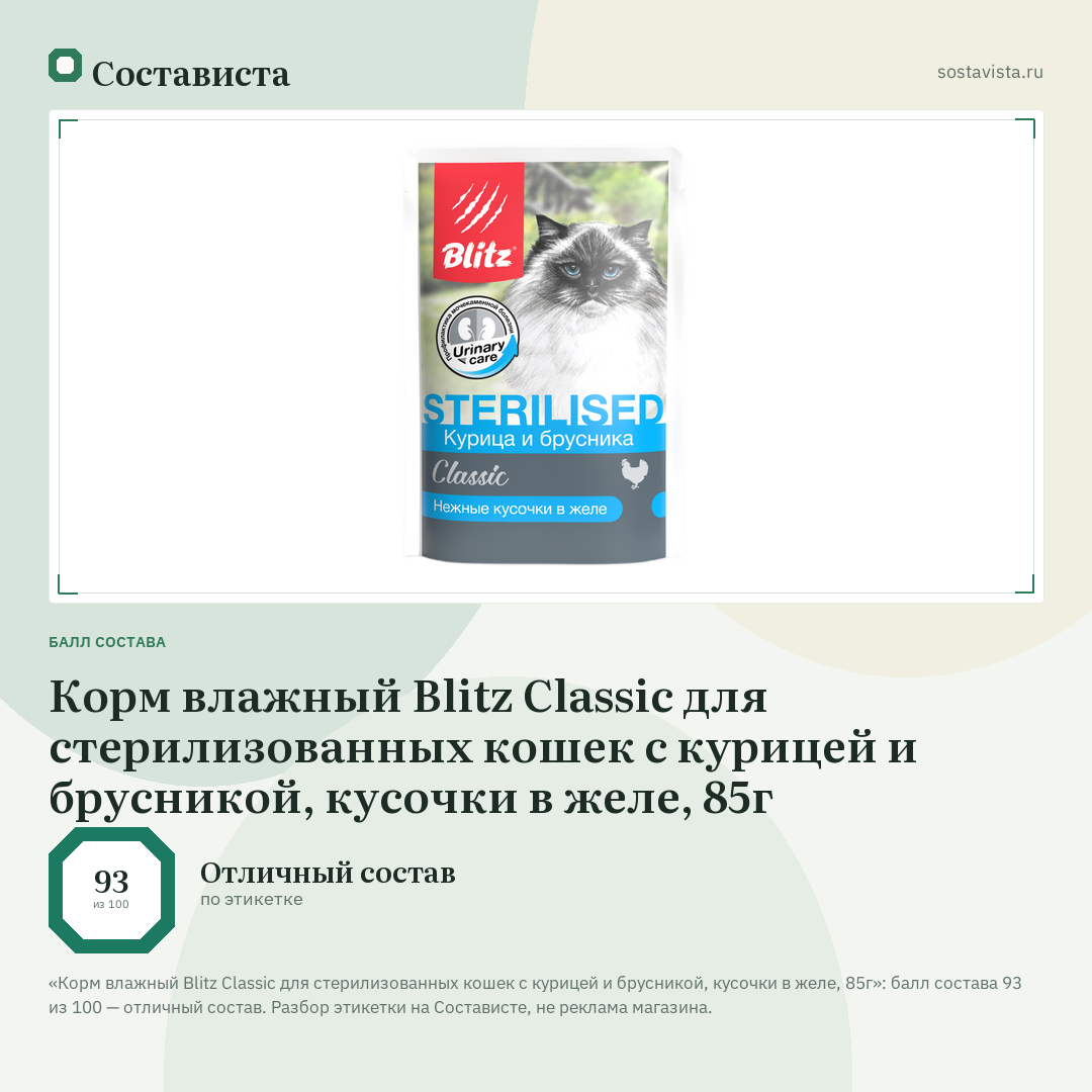 Корм влажный Blitz Classic для стерилизованных кошек с курицей и брусникой, кусочки в желе, 85г: балл состава 93 из 100 — Состависта