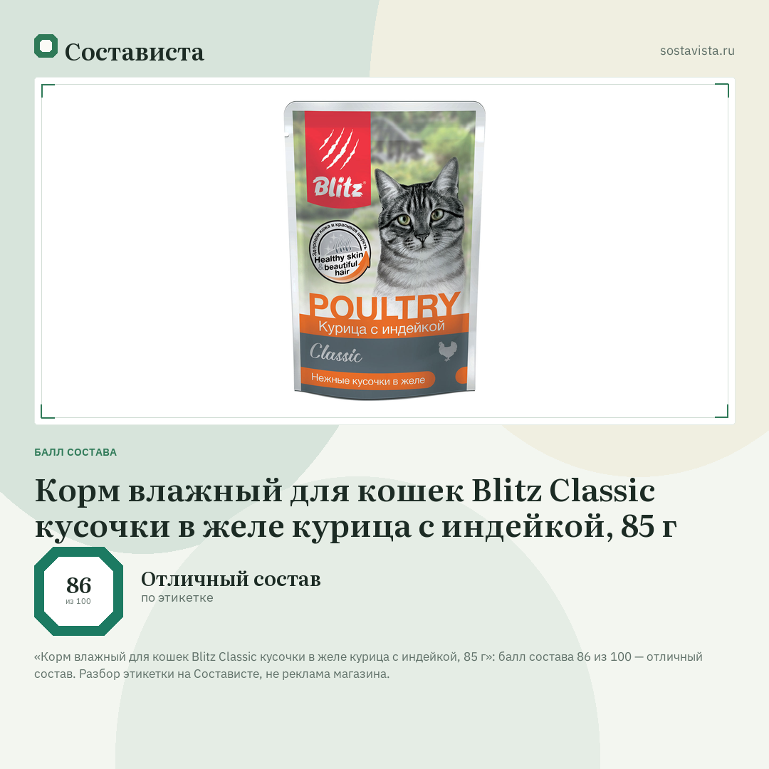 Корм влажный для кошек Blitz Classic кусочки в желе курица с индейкой, 85 г: балл состава 86 из 100 — Состависта