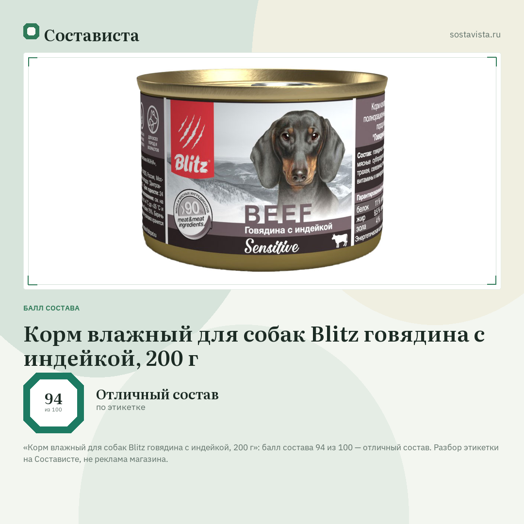 Корм влажный для собак Blitz говядина с индейкой, 200 г: балл состава 94 из 100 — Состависта