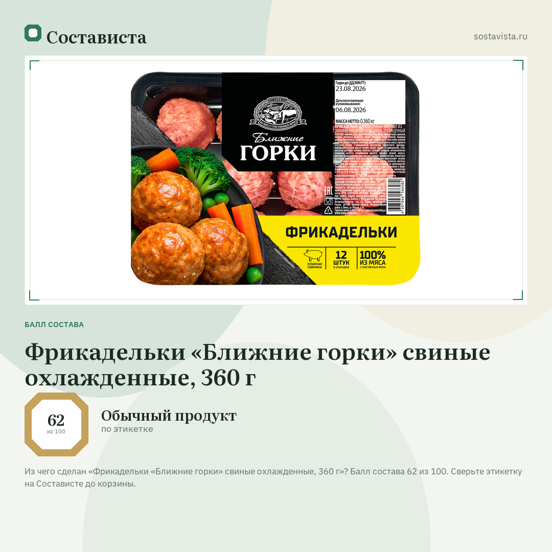 Фрикадельки «Ближние горки» свиные охлажденные, 360 г: балл состава 62 из 100 — Состависта