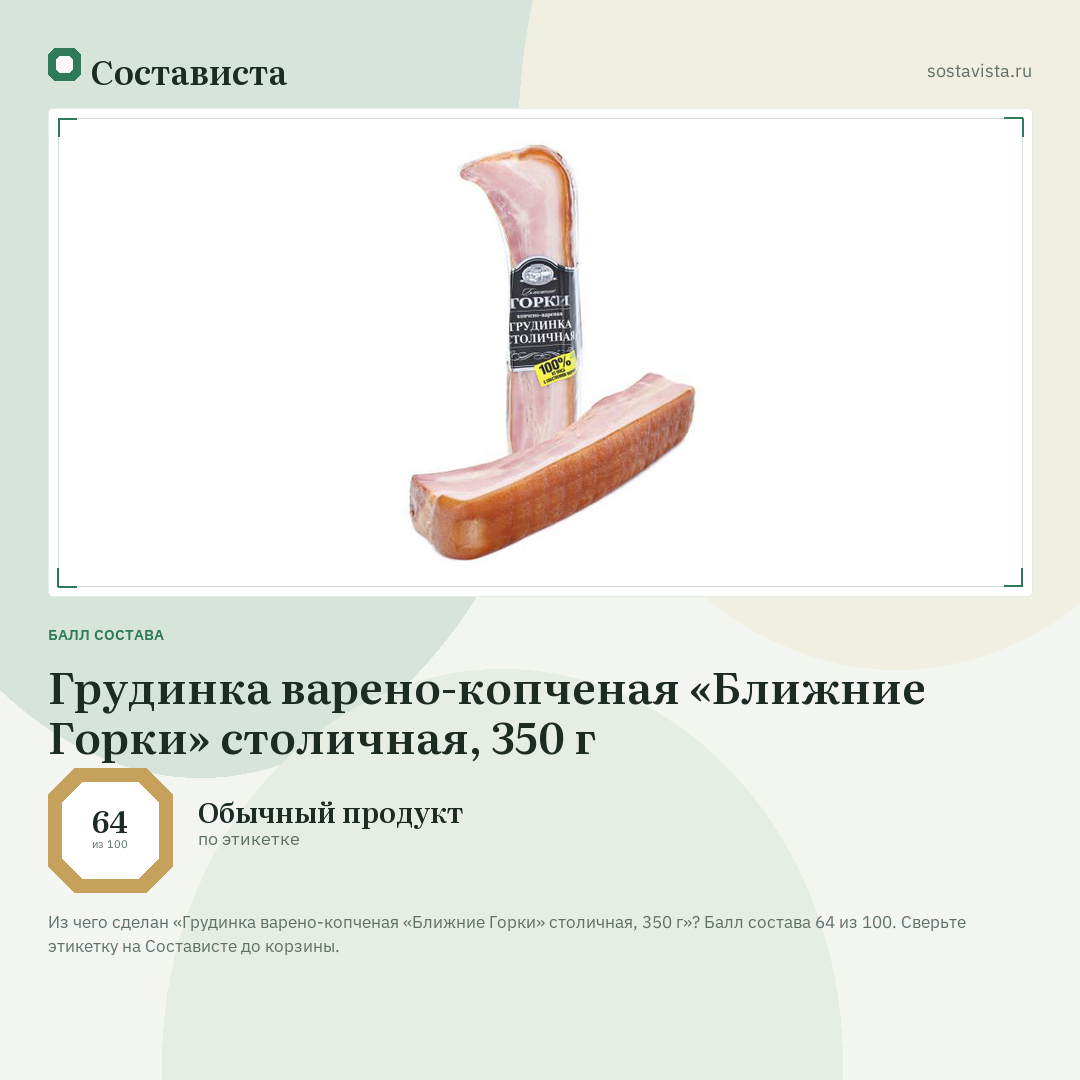 Грудинка варено-копченая «Ближние Горки» столичная, 350 г: балл состава 64 из 100 — Состависта