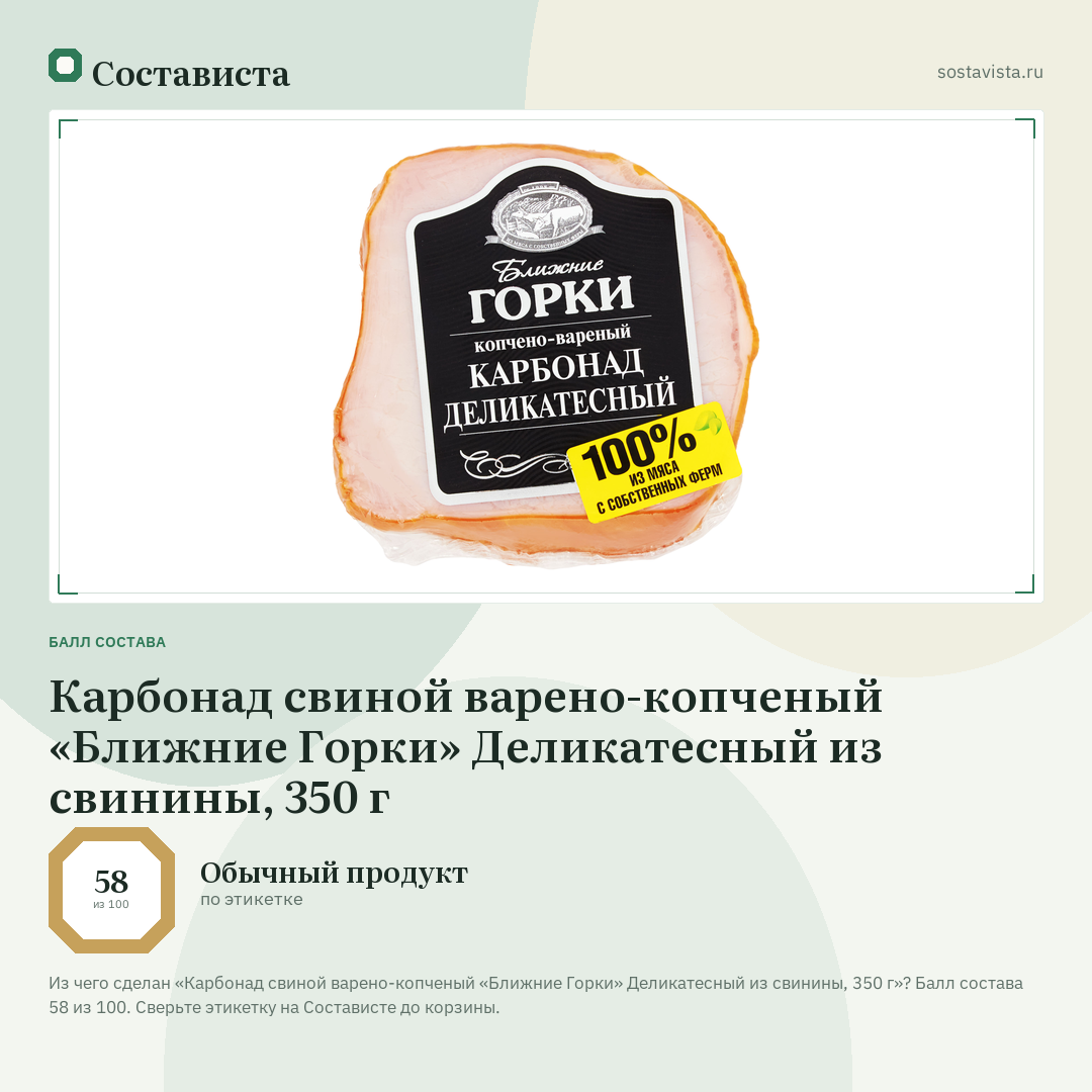 Карбонад свиной варено-копченый «Ближние Горки» Деликатесный из свинины, 350 г: балл состава 58 из 100 — Состависта