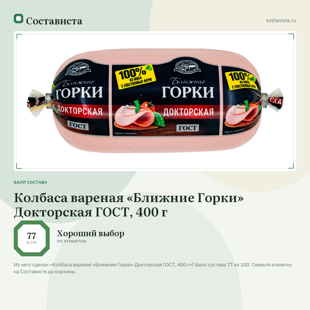 Колбаса вареная «Ближние Горки» Докторская ГОСТ, 400 г: балл состава 77 из 100 — Состависта