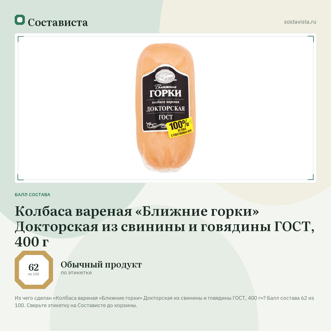 Колбаса вареная «Ближние горки» Докторская из свинины и говядины ГОСТ, 400 г: балл состава 62 из 100 — Состависта